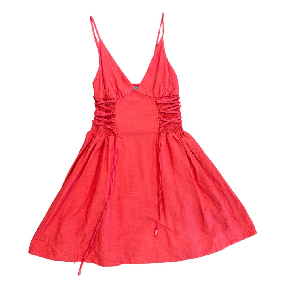 Farm Rio Red Lace Up Side Smocked Back V-Neck Mini Dress